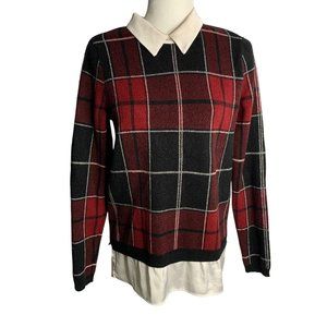 Tahari Layered Look Flannel Sweater M Red Plaid Long Sleeve Collar Keyhole Back